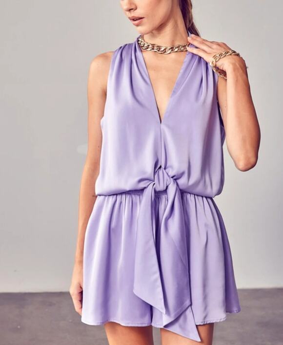 DO+BE Pants - DO+BE Lilac Satin Romper NWT S Tie Waist Tank Top Lilac Bow Vneck Purple Pastel